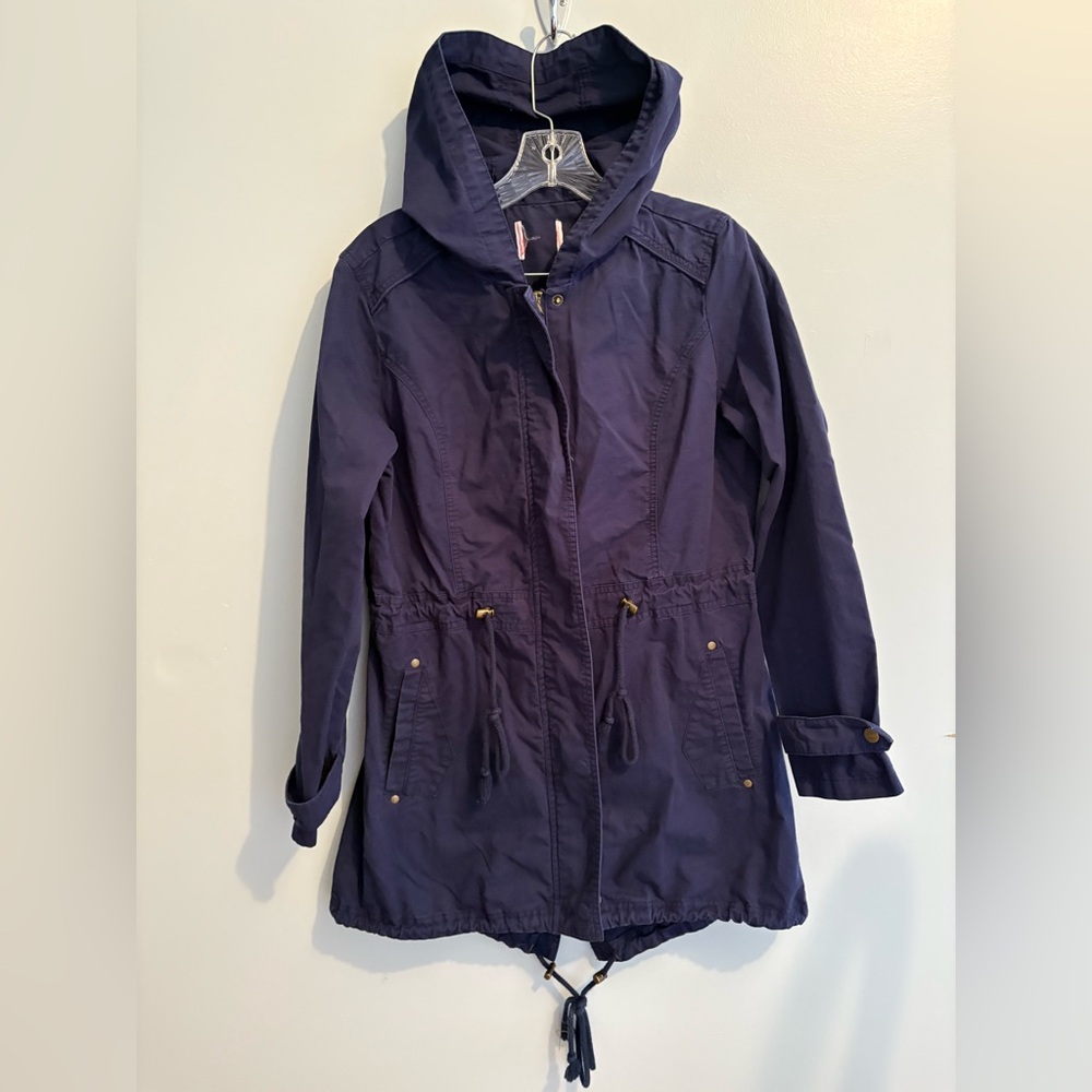 Women’s Navy Blue 100% Cotton Hooded Light Jacket medium Large Long Sleeve EUC